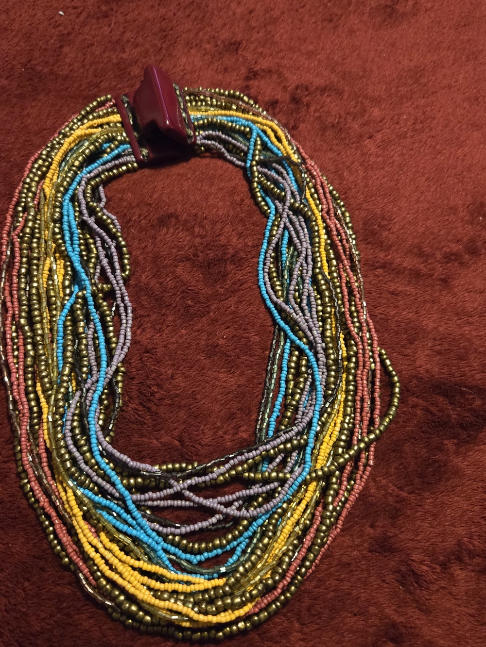 Multistrand Seed Bead Statement Necklace in Turquoise, Yellow, Olive & Pink